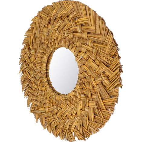 Miroir mural tressé en paille, style rétro, élégant, doré, idéal pour décorer une chambre d'étudiant. (1/5)