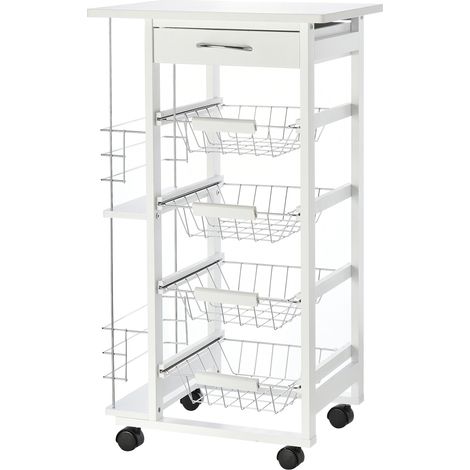 Carrello da Cucina Salvaspazio in Legno Bianco, Portavivande con 1 Piano di Lavoro 1 Cassetto e 4 Cestelli Metallici, 47x37x83cm