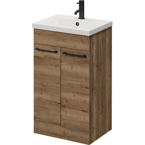 Napoli 390 Tobacco Oak 500mm 2 Door Vanity Unit with Glide Basin - 500mm - Matt Black 160mm Handle