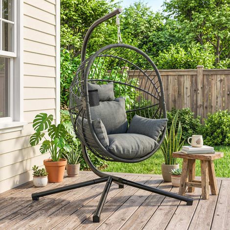 Fauteuil œuf suspendu, chaise hamac balançoire intérieur et extérieur, panier pliable, coussin rembourré, gris (1/5)