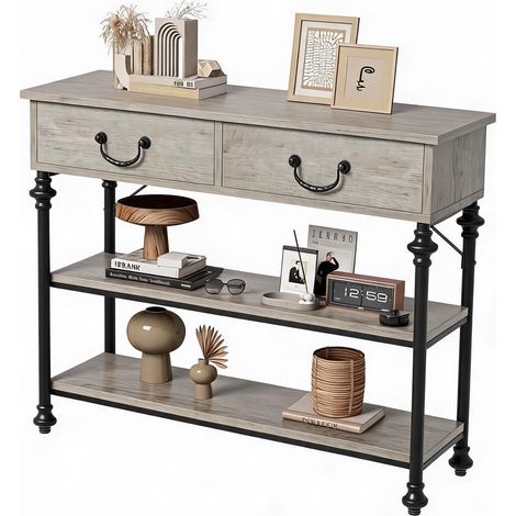 IDEALHOUSE Console d’entrée 104 cm étroite style industriel, cadre en métal robuste - 2 tiroirs - étagères de rangement multi-niveaux - table derrière canapé salon/couloir - Couleur: Gris (1/5)