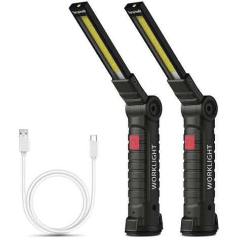 Lot de 2 Lampes Torches Rechargeables COB avec Base Magnétique, 5 Modes, Idéales pour Atelier, Garage, Camping et Urgence