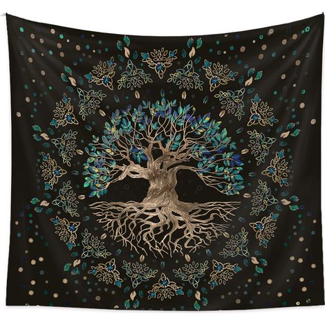 150x200cm Tapisserie noire de style arbre de vie, tapisserie décorative, tapisserie de style mandala, fond d'écran vivant (1/5)