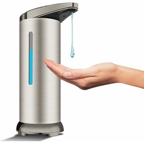 Distributeur de savon automatique en acier inoxydable, distributeur de désinfectant sans contact avec capteur infrarouge, interrupteur réglable et base étanche (argent brossé) (1/5)