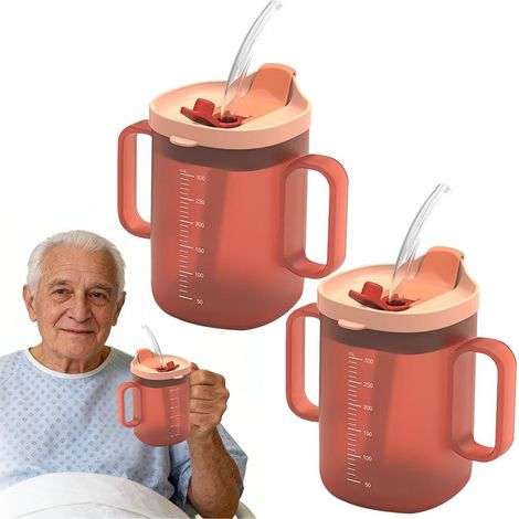 Gobelet Anti-Déversement - Lot de 2 - ABS et Silicone - Bec Anti-Étouffement - Senior et Parkinson - 300 ml Rouge (1/5)