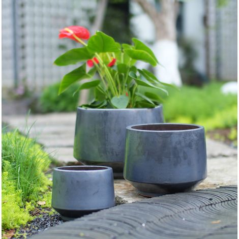 Lot de 3 pots de fleurs en céramique coniques Ø 38/28/22 cm, noir mat, OKWISH (1/5)