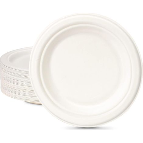 Lot de 200 assiettes jetables en carton - 18 cm - Blanches - Petites assiettes jetables - En canne à sucre - Jetables - Biodégradables - En papier (1/5)
