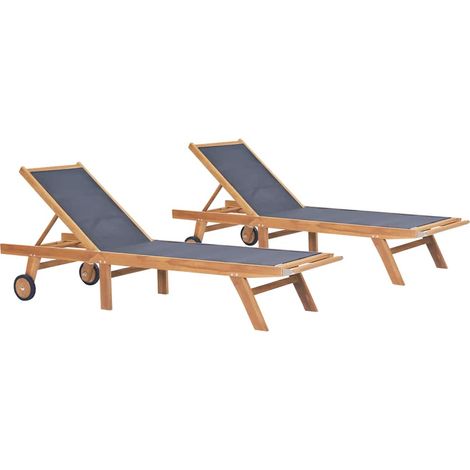 Lettini Pieghevoli con Ruote 2 pz in Massello di Teak Textilene vidaXL (1/5)