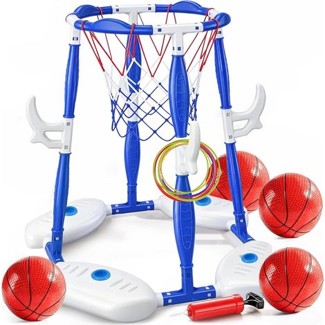 Swimming Pool Basketball Hoop Set, 2-in-1 Floating Basketball Hoop  Pool Basketball Hoop and Ring Throwing Game, Kids Pool Games with 4 Balls, 12 Rings and Pump (1/5)
