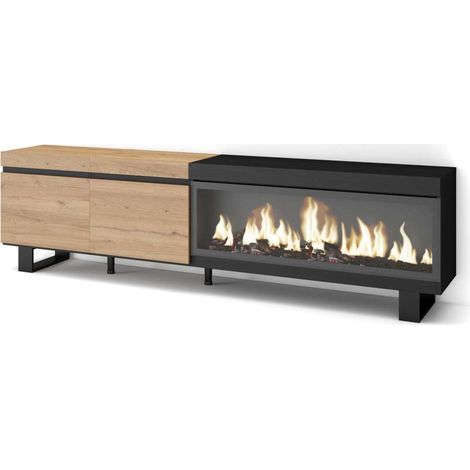 Mueble TV Igualeja-01 de 210x57x35 cm con chimenea eléctrica XXL, diseño industrial, color roble y negro (1/4)