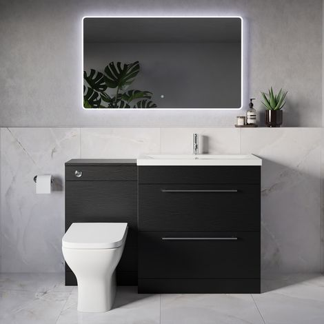 Napoli 390 Nero Oak 1300mm 2 Drawer Vanity Unit Toilet Suite with Glide Basin - 1300mm - Chrome 480mm HandleWith Kingston Toilet Pan and Seat