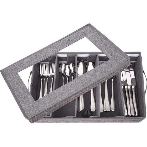 Plateau/boîte de rangement pour couverts avec couvercle amovible et séparateurs réglables boîte de rangement pour couverts et ustensiles de cuisine (1/5)