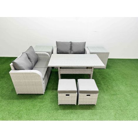 Fimous 6 Seater Outdoor Love Sofa Set Rattan Garden Furniture Set with Rectangular Dining Table 2 Small Stools 2 Side Tables Light Grey (1/4)
