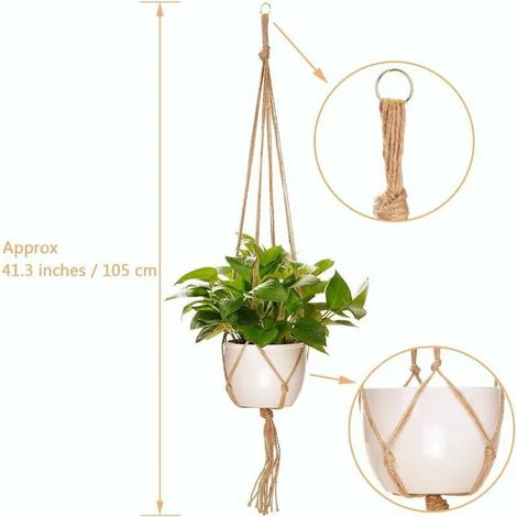 Lot de 4 Porte-Plante Macramé Suspendu en Corde pour Jardin, 2 Supports de 105 cm et 2 de 90 cm, Accroche-Pot Tressé pour Déco Intérieur et Extérieur, 4 Crochets (1/2)