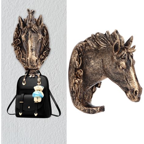 Patère murale Sculpture Cheval Vintage Or – Crochet manteau tête de cheval résine doré antiquité pour salon cuisine porte entrée (1/5)