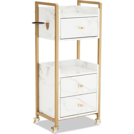 M MCombo Servierwagen mit Rollen & 3 Schubladen, Friseurwagen Rollwagen, Salon Trolley mit 2 Ablagen & Föhnhalter, Moderner Arbeitswagen für Bad Wohnzimmer, 30x40x95cm, 0022 (Weiß-Gold) (1/4)