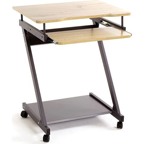 Bureau / chariot d'ordinateur en acier anthracite et MDF coloris chêne - Longueur 60 x Hauteur 76 x Profondeur 49 cm -PEGANE- (1/5)