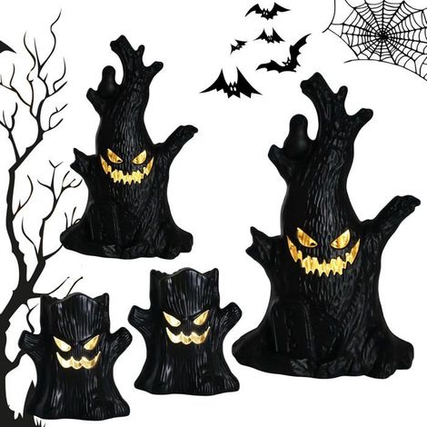 Lot de 4 souches d'arbre d'Halloween avec lumière LED jaune, Deux formes, Accessoires d'horreur, Noir (1/5)