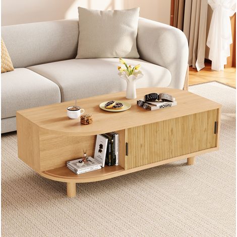 Mesa de centro 100/50/35 cm en madera natural con 2 puertas correderas de persiana y almacenaje (1/5)