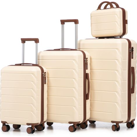Valises ABS 14"/19"/24"/28" avec cadenas à combinaison, poignées latérales, crochets, trousse toilette 14" beige
