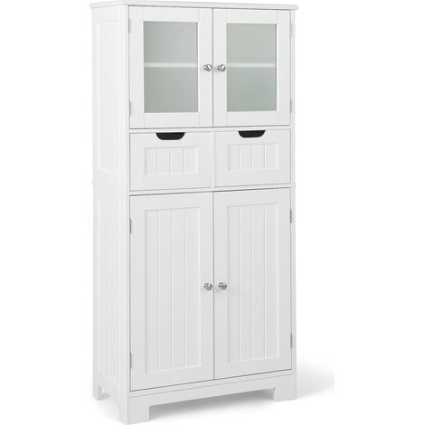 COSTWAY Badschrank mit 2 Schubladen und 4 Türen, Badezimmerschrank mit verstellbaren Regalen, 128cm weiß (1/5)