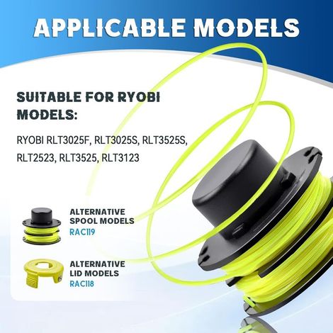 4 Bobine Fil Coupe Bordure Compatible avec Ryobi RAC118 RAC119,Convient pour Ryobi RLT3025F,RLT3025S,RLT3525S,RLT2523,RLT3525,RLT3123,Ø1,2mm-8,4m(4 Bobine+1 Couvercle+1 Ressort) (1/2)