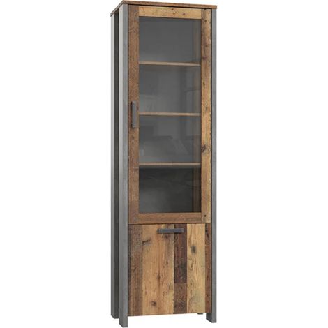 Vitrine 2 portes 6 niches bois vieilli et béton gris – Hauteur 205 cm x Longueur 62 cm x Profondeur 42 cm – Fabrication européenne – Meubletmoi (1/5)