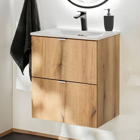 Mobiletto Sottolavabo NEWPORT a 2 Cassetti con Lavabo 50x57x39 cm - Effetto Rovere [en.casa]