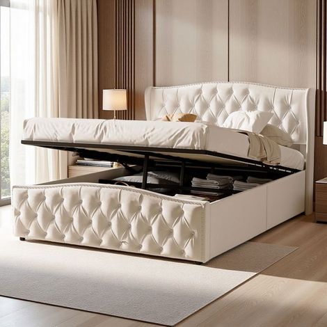 Cama doble 160x200 - Cofre hidráulico silencioso - Terciopelo blanco - Diseño contemporáneo - 2 plazas (1/5)
