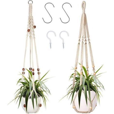 Lot de 2 Cintres à Plantes en Macramé pour Intérieur avec Perles en Bois et 4 Crochets – Paniers Suspendus Décoratifs pour Jardinières (1/5)