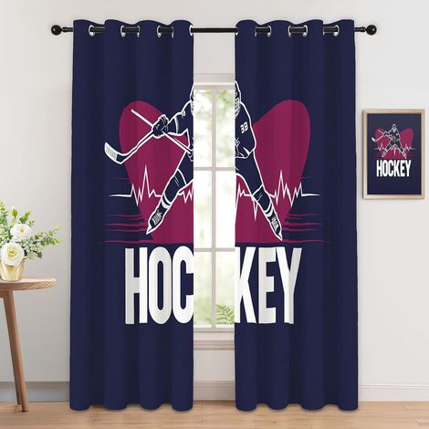 Rideau Occultant Hockey sur Glace - Décoration Hockey, Rideau Thermique Motif Garçon Jeu Sport Bleu Marine, Lot de 2 Rideaux Opaque à Oeillets pour Fenetre Chambre Salon, 140x160 cm (LxH) - 2x L 140 X (1/5)