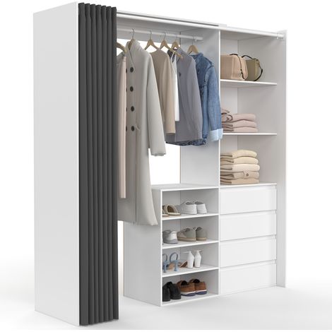 Ausziehbarer Kleiderschrank XXL MARTY 120/170 x 50 x 180 cm weiß mit 4 Schubladen + Regalen + Garderobe + grauem Vorhang