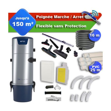 Aspirateur central Aertecnica TS4 garantie 3 ans + flexible rétractable 16 m + poignée marche/arrêt + 7 accessoires + kit 1 prise RETRAFLEX + kit prise balai (rayon d'action 150 m2) (1/4)