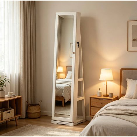 Armario joyero giratorio con espejo de pie 360° MDF y vidrio blanco 38 x 38 x 160 cm OKWISH (1/5)