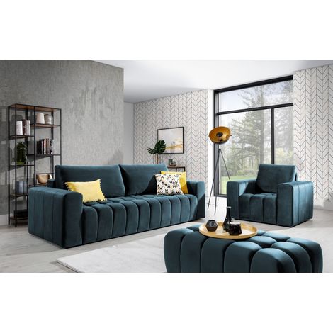 Ensemble 1 canapé convertible + 1 fauteuil + 1 pouf capitonné LARKO velours-Bleu pétrole (1/5)