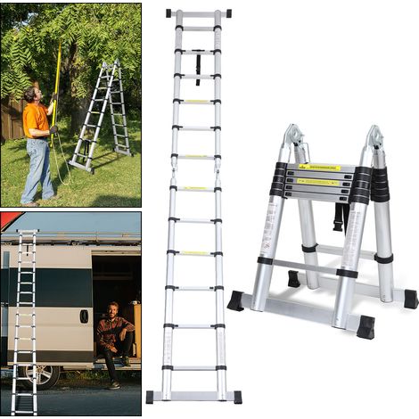TolleTour Escalera telescópica Pro 3,8 m plateada 150 kg, patas antideslizantes