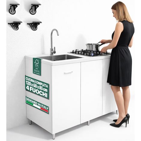 Cucina Completa 120x60 cm Bianco con Piano Cottura 4 Fuochi Lavello Rubinetteria