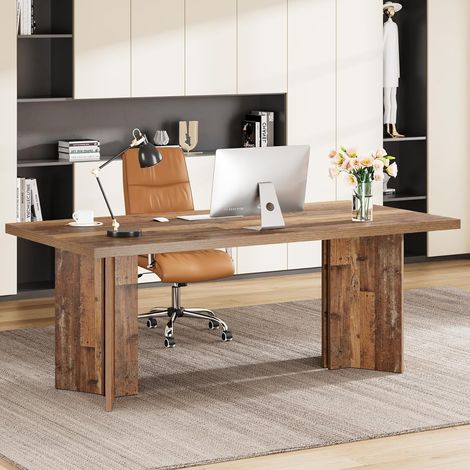 Tribesigns 63-inch Executive Desk, Vintage Home Office Computer Desk with Large Tabletop, Farmhouse Wood Writing Conference Table Workstation for Office, Study, Distressed Brown (1/5)