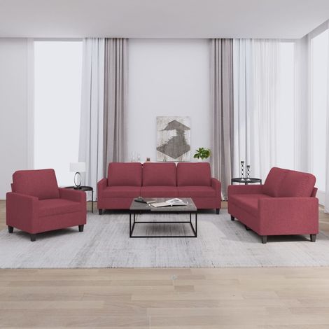 vidaXL Ensemble de canapés 3 pcs avec coussins Rouge bordeaux Tissu (1/5)