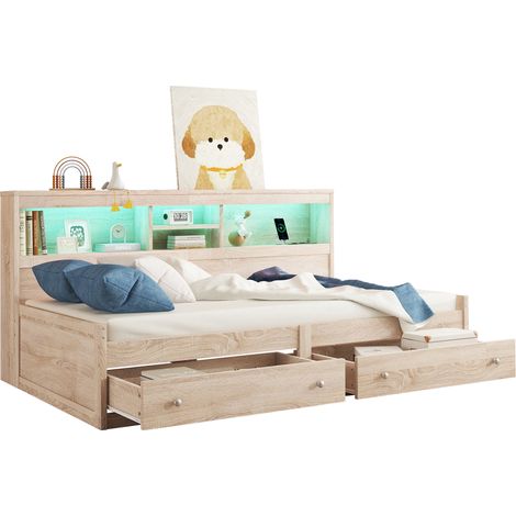 Lit de jour 90x200, banquette, table de nuit, 2 USB et 2 prises, 2 tiroirs, sommier, panneau, naturel, matelas non inclus, gain de place (1/5)