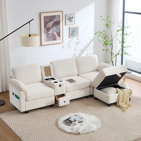 Canapé modulaire Beige Velours côtelé,Confort Memory Foam,Console Mobile et Rangement Intégré,Pouf de rangement amovible,266x136x82cm