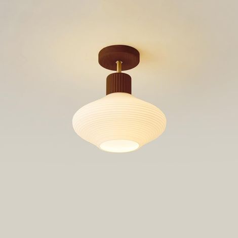 Plafonnier semi-encastré, moderne, proche du plafond, avec abat-jour en verre rainuré ondulé blanc, luminaires suspendus de ferme for chambre d'enfant, couloir, entrée (Couleur noyer sans ampoule) (1/4)