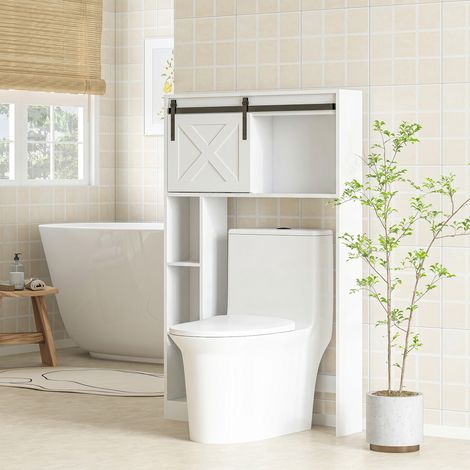 Meuble de rangement au-dessus des toilettes avec porte coulissante, Meuble étagère dessus WC, étagère réglable, blanc (1/5)