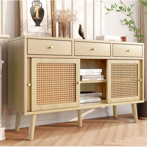 Aparador 120x40x78 cm roble en MDF con 3 cajones, 3 puertas correderas y estantes regulables (1/5)