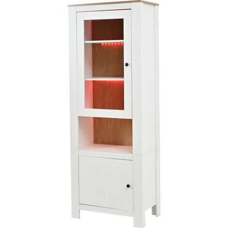 Vitrina alta 70 x 40 x 188 cm con LED, 2 puertas y 6 estantes, blanco y madera natural (1/5)