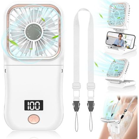 Ventilateur Portable à Main Pliable 180°-Batterie 3000mAh PuissanteJusqu'à 8 HeuresÉcran LED des Niveaux de Batterie & Vitesses, Cordon de Cou pour Bureau Voyage En Plein Air Enfant & Adulte