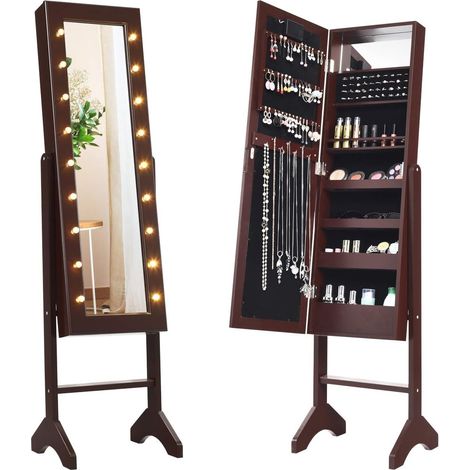 COSTWAY 18 LED-Schmuckschrank neigungsverstellbar, Schmuckregal mit Ganzkoerperspiegel und kleinem Schminkspiegel, Schmuck Spiegelschrank für Makeup Braun (1/5)