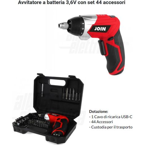 AVVITATORE A BATTERIA 3,6v CON VALIGIA, 44 ACCESSORI E CAVO DI RICARICA USB-C JOIN 98-545 -PROMO-