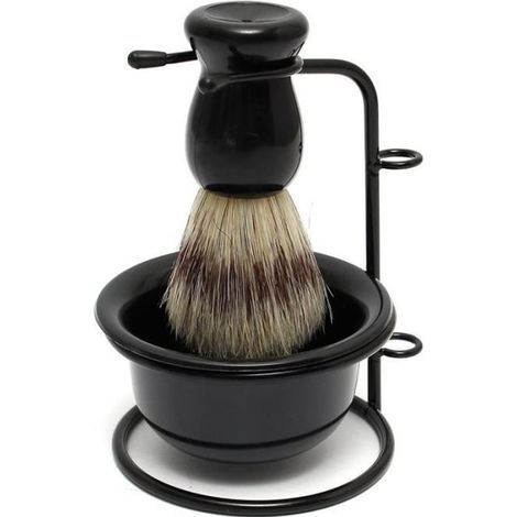 Set da barba con pennello a caduta, porta-lama in acciaio e ciotola in plastica.