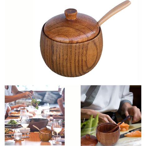 Boîte en bois pour sel, épices, sucre, poivre – Récipient de rangement avec couvercle et cuillère (1/5)